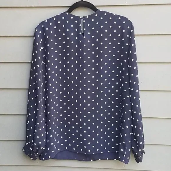Chaus Navy/White Polka Dot Long Sleeve Blouse Size 12 - Picture 5 of 6